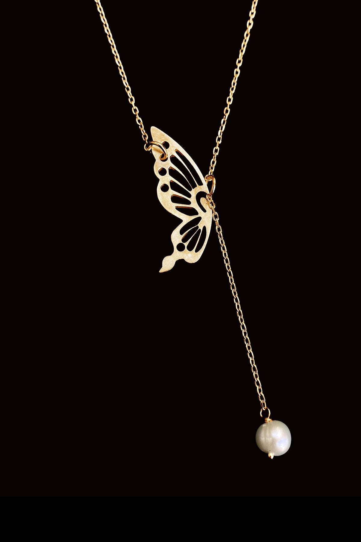 İncili Kelebek 925 Ayar Gümüş Kolye 45 Cm, Butterfly With Pearl 925 Sterling Silver Necklace 45 G