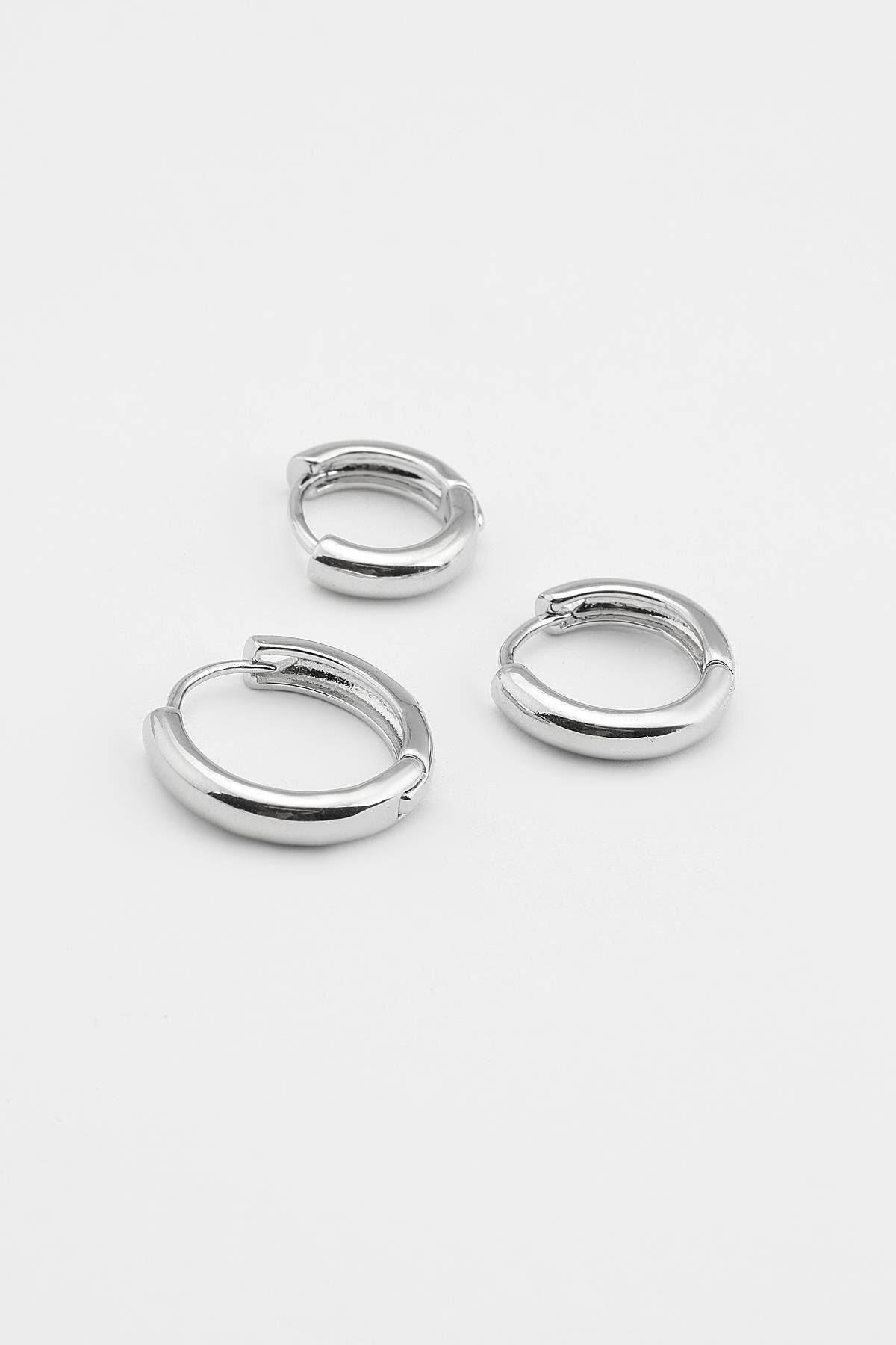 3'lü Gümüş Renk Halka Küpe Paslanmaz Çelik, 3-Piece Silver Color Hoop Earrings Stainless Stee