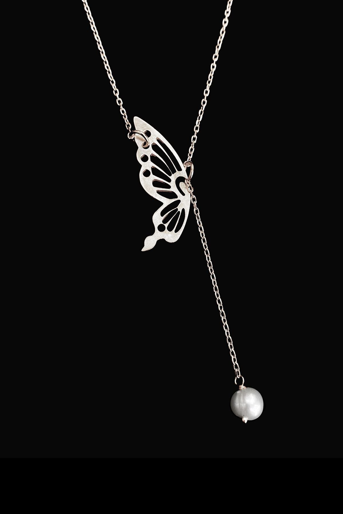 İncili Kelebek 925 Ayar Gümüş Kolye 45 Cm, Butterfly With Pearl 925 Sterling Silver Necklace 45 S