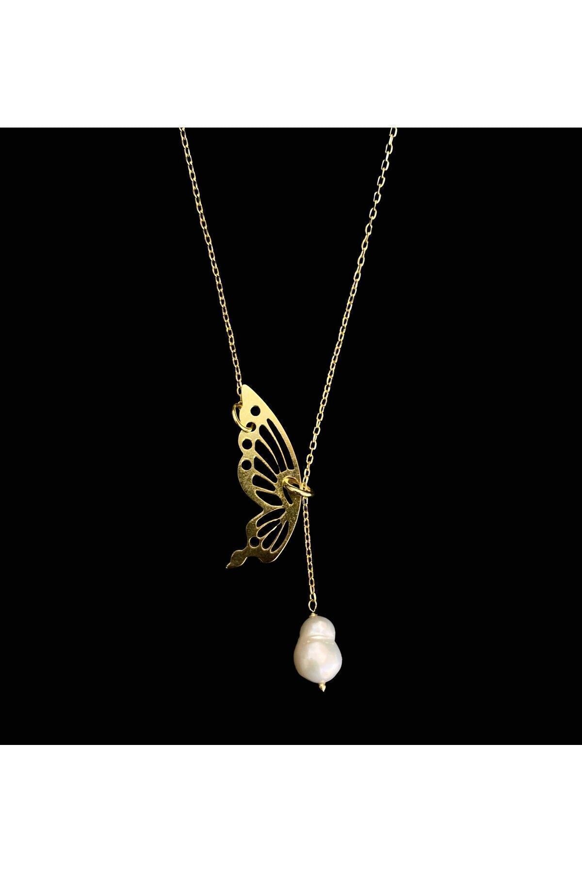 İncili Kelebek 925 Ayar Gümüş Kolye, Butterfly With Pearl 925 Sterling Silver Necklace G