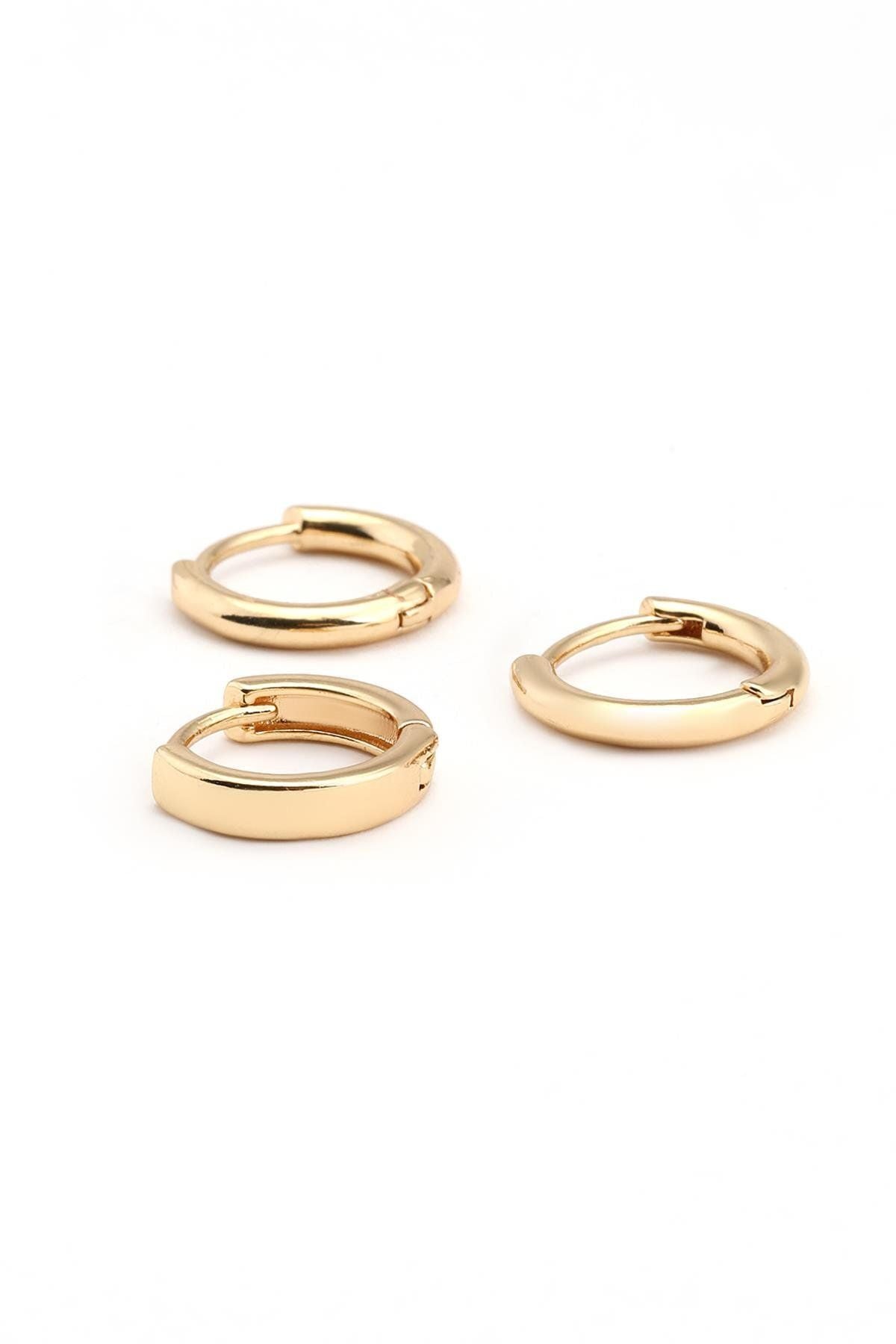 3'lü Gold Halka Küpe Paslanmaz Çelik, 3-Piece Gold Hoop Earrings Stainless Steel