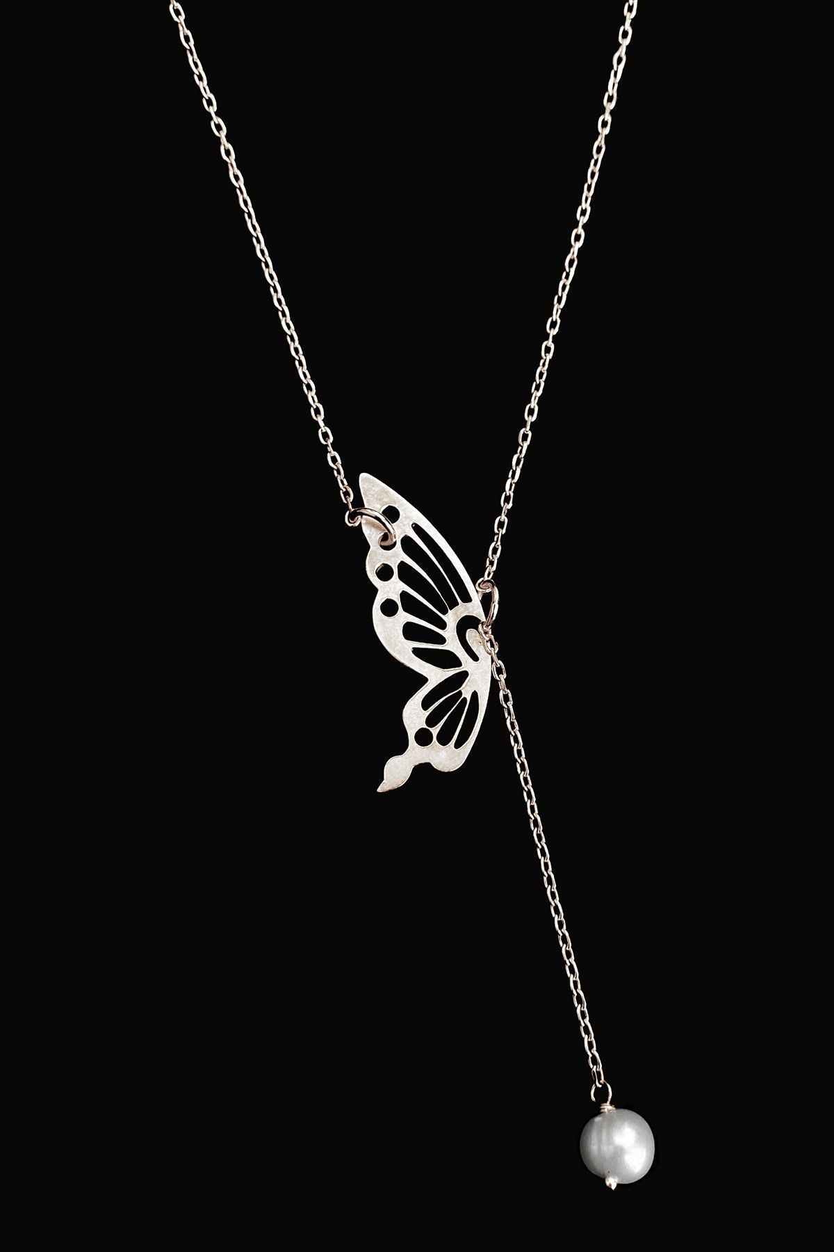 İncili Kelebek 925 Ayar Gümüş Kolye 45 Cm, Butterfly With Pearl 925 Sterling Silver Necklace 45 S