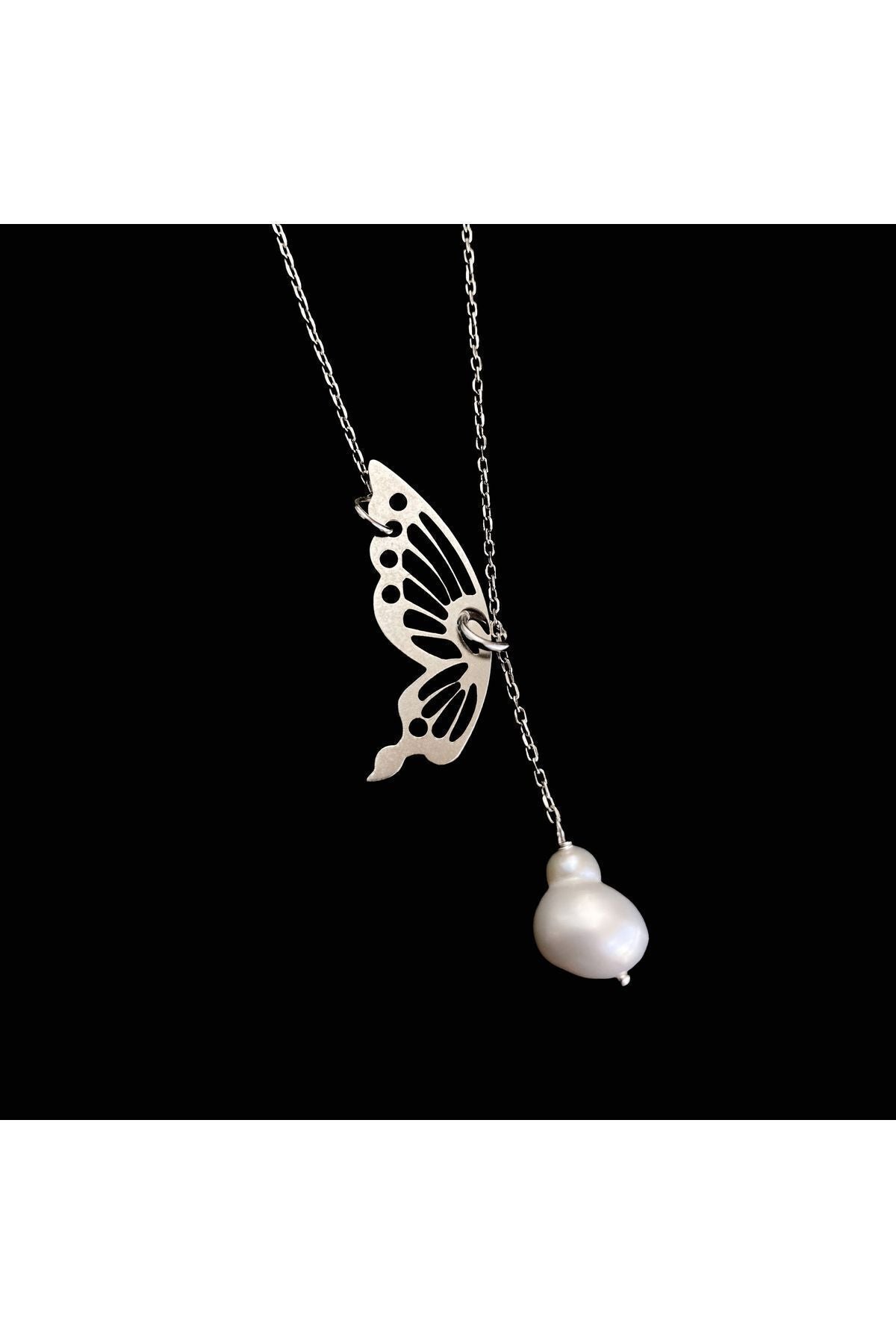 Incili Kelebek 925 Ayar Gümüş Kolye, Butterfly With Pearl 925 Sterling Silver