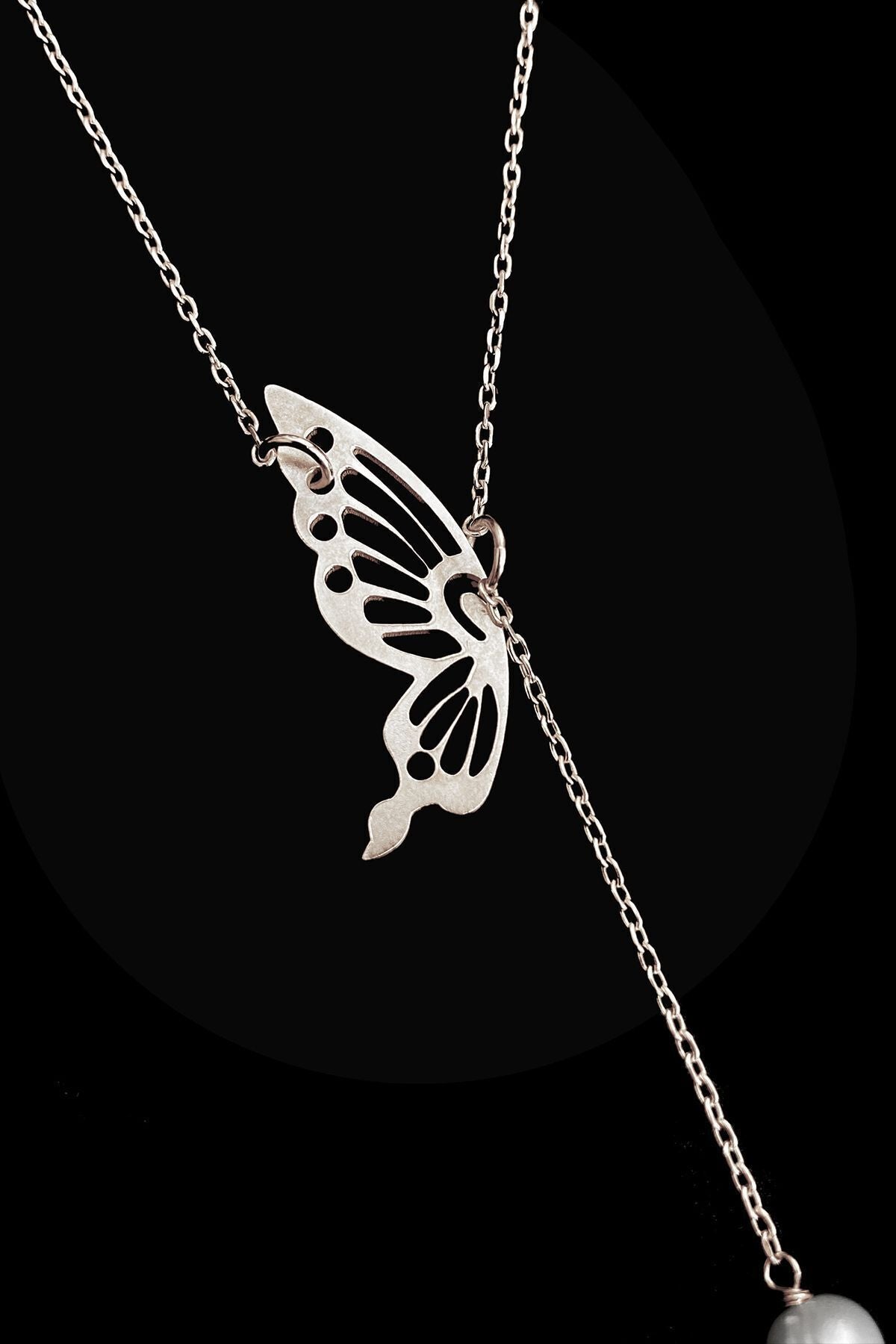 İncili Kelebek 925 Ayar Gümüş Kolye 45 Cm, Butterfly With Pearl 925 Sterling Silver Necklace 45 S