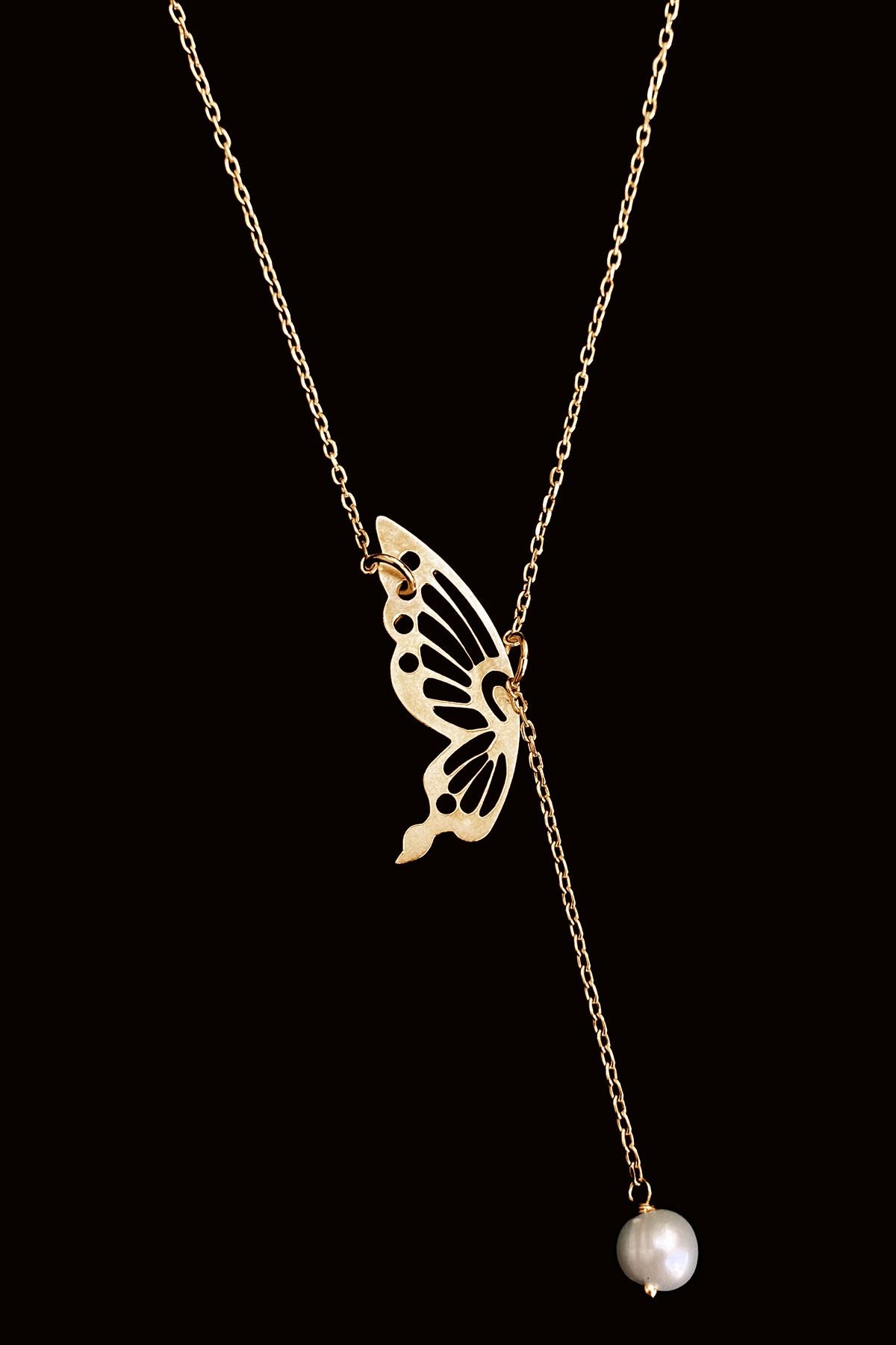 İncili Kelebek 925 Ayar Gümüş Kolye 45 Cm, Butterfly With Pearl 925 Sterling Silver Necklace 45 G